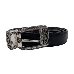 Vintage 80s 90s Brighton Black Leather Belt Women's Size 38 Embellished Buckle
